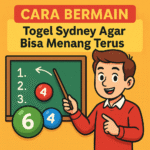 Kartun pria muda menjelaskan cara bermain Togel Sydney dengan papan tulis dan bola angka berwarna-warni.