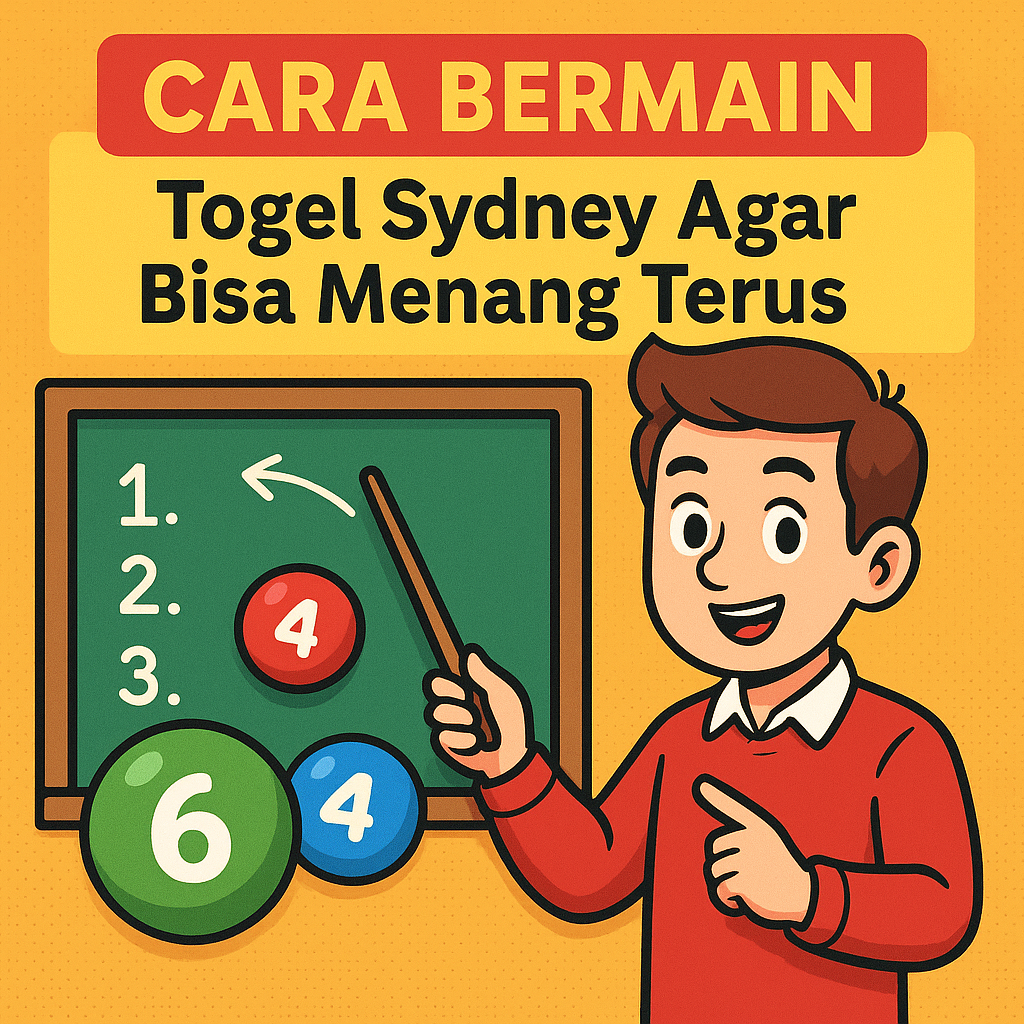 Kartun pria muda menjelaskan cara bermain Togel Sydney dengan papan tulis dan bola angka berwarna-warni.