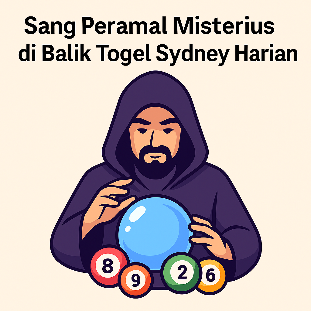Sang Peramal Misterius di Balik Togel Sydney Harian sedang menatap bola kristal dengan angka togel 8 9 2 6 dalam ilustrasi kartun