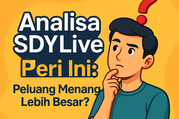 Ilustrasi animasi pria berpikir dengan tanda tanya di kepala, disertai teks “Analisa SDYLive Hari Ini: Peluang Menang Lebih Besar?” dengan latar
