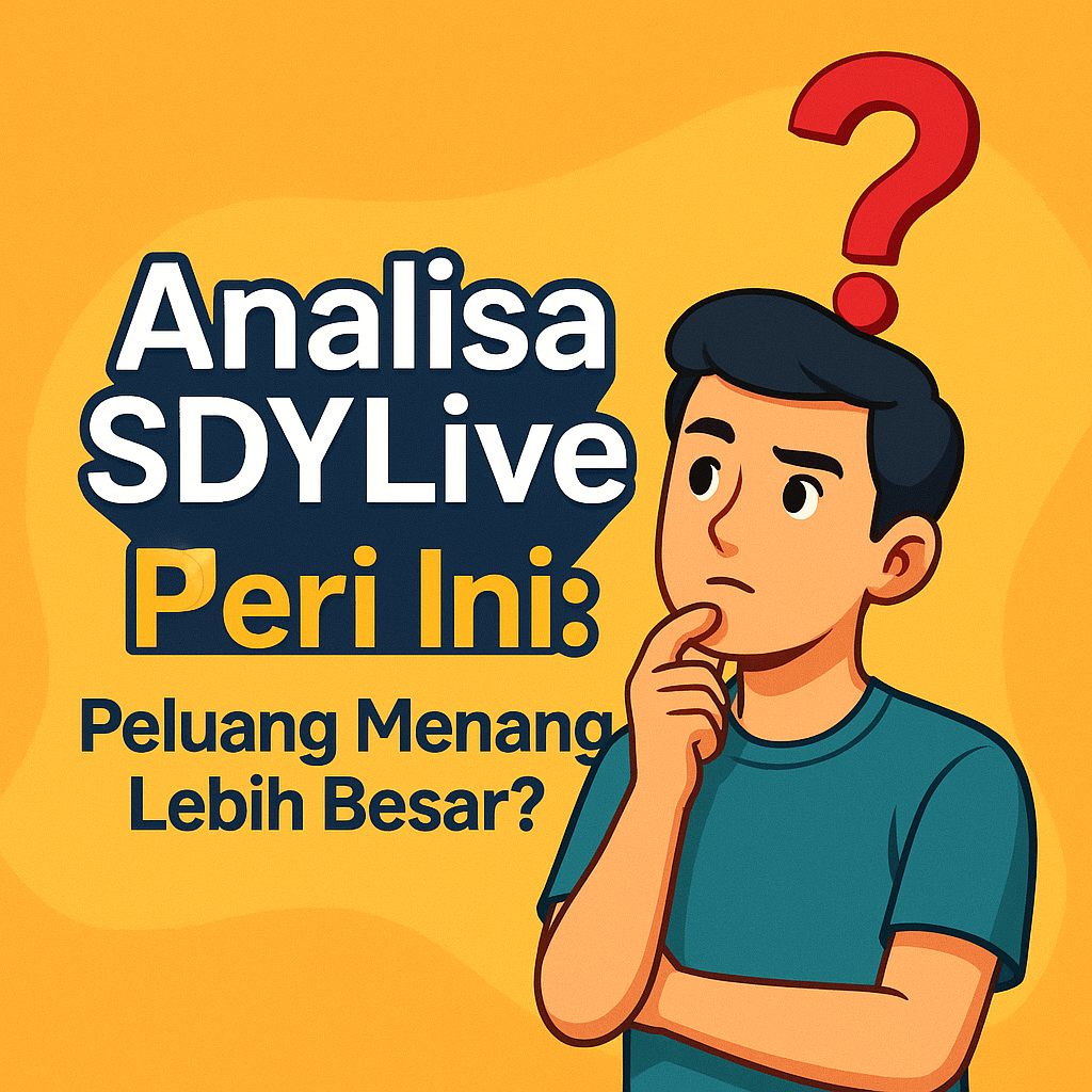 Ilustrasi animasi pria berpikir dengan tanda tanya di kepala, disertai teks “Analisa SDYLive Hari Ini: Peluang Menang Lebih Besar?” dengan latar
