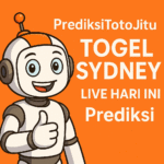 Kartun AI robot dengan latar oranye dan teks "PrediksiTotoJitu – Prediksi Togel Sydney today Prediksi