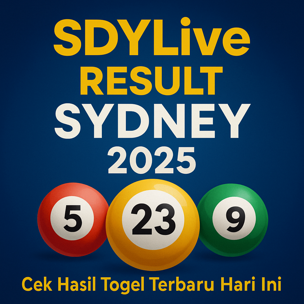 SDYLive Result Sydney 2025 dengan bola angka togel dan teks "Cek Hasil Togel Terbaru Hari Ini