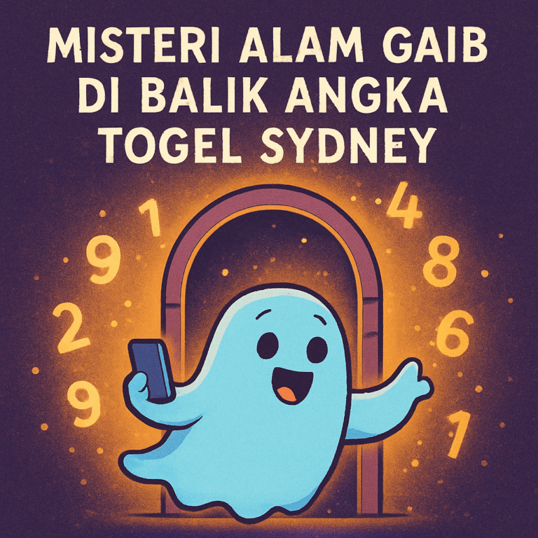 Misteri alam gaib di balik angka togel SDY dalam ilustrasi animasi lucu hantu biru di depan pintu gaib dengan keluaran togel SydneyLive