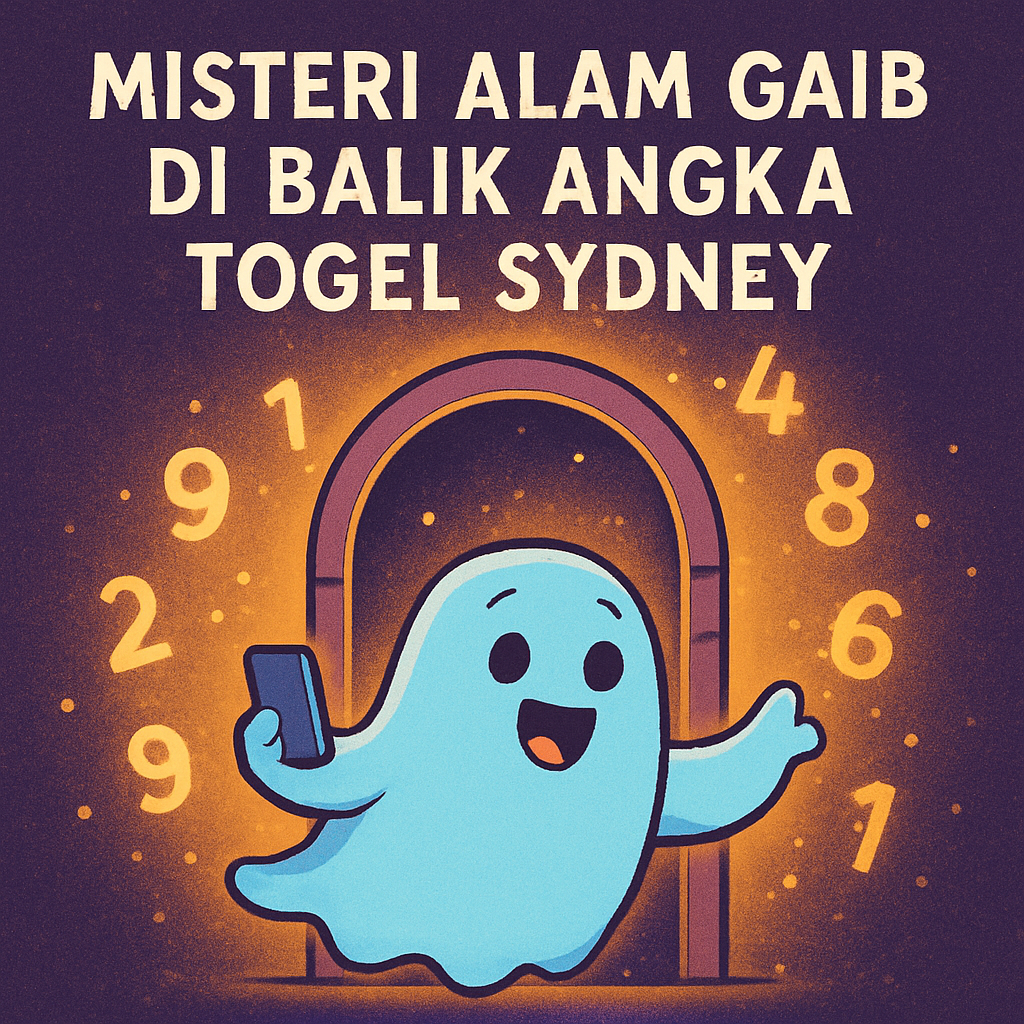 Misteri alam gaib di balik angka togel SDY dalam ilustrasi animasi lucu hantu biru di depan pintu gaib dengan keluaran togel SydneyLive